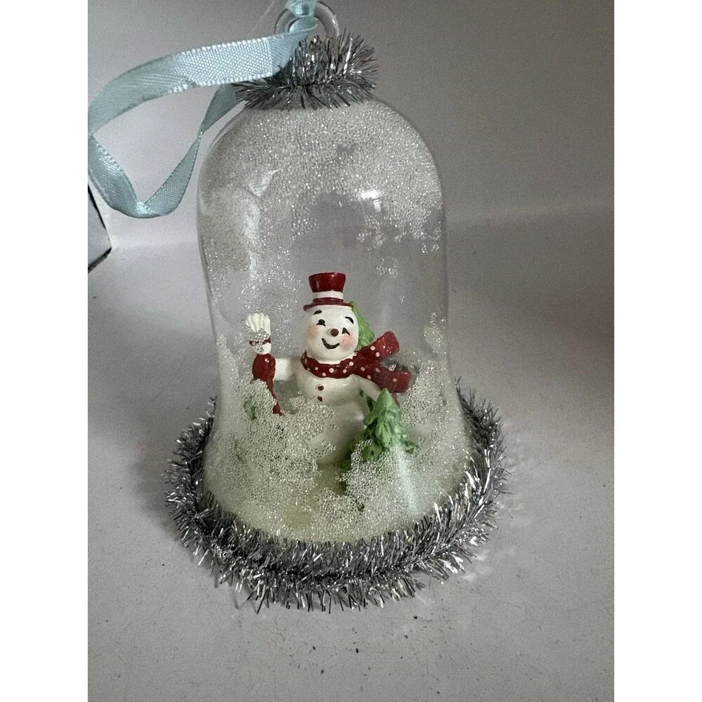 VTG Cloche Glass Done Snowman Tinsel Christmas Ornament  Red Hat And Scarf